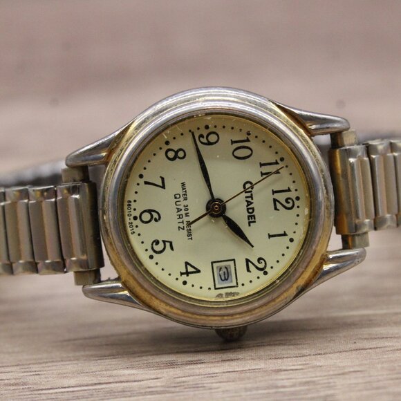Vintage Citadel Watch Womens Gold Tone Stainless Steel Classic Beige Date Dial - Picture 6 of 8